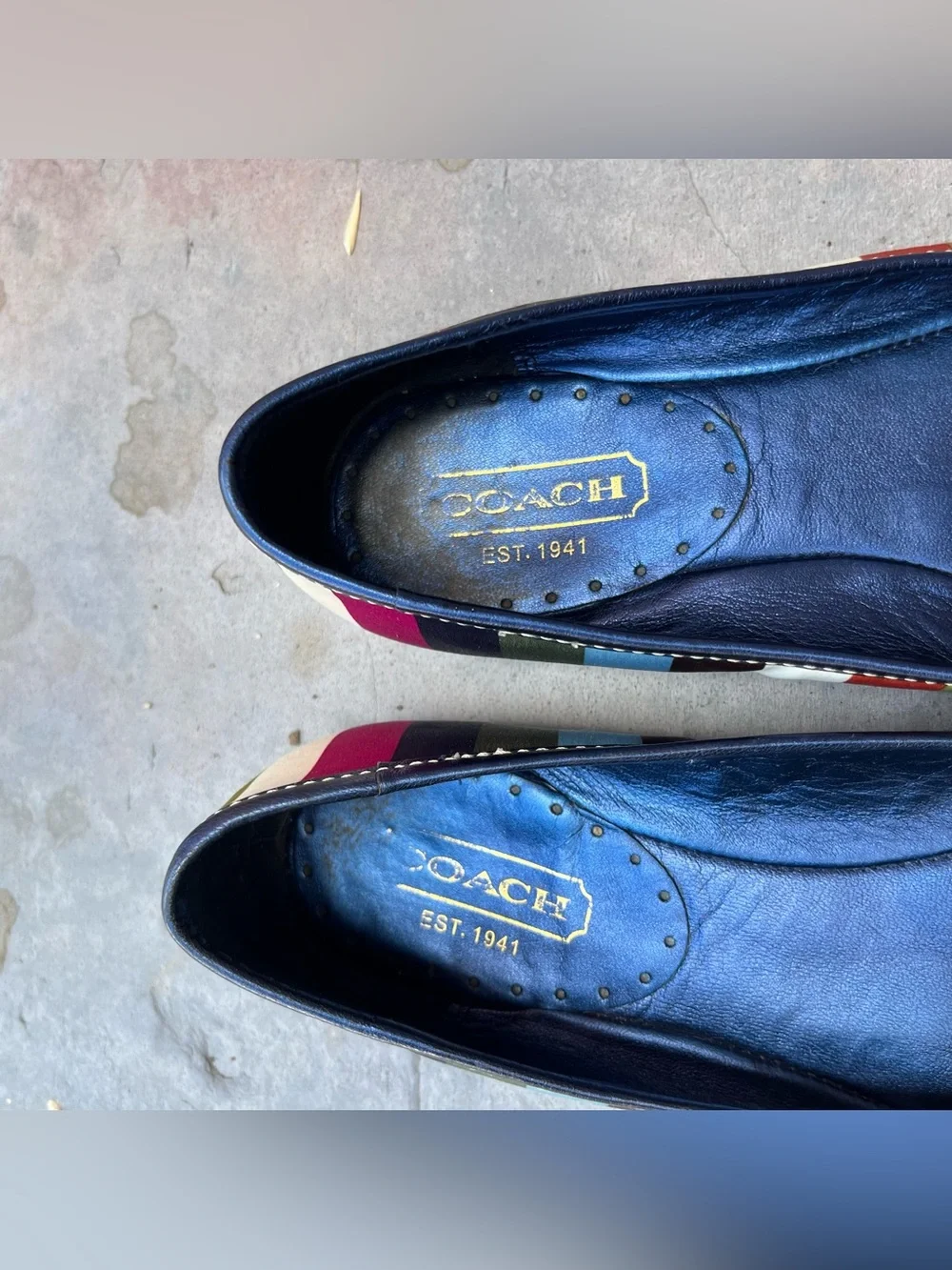 Vintage Y2K Coach Legacy Striped Satin Ballet Flats with a Small Bow Detail.
